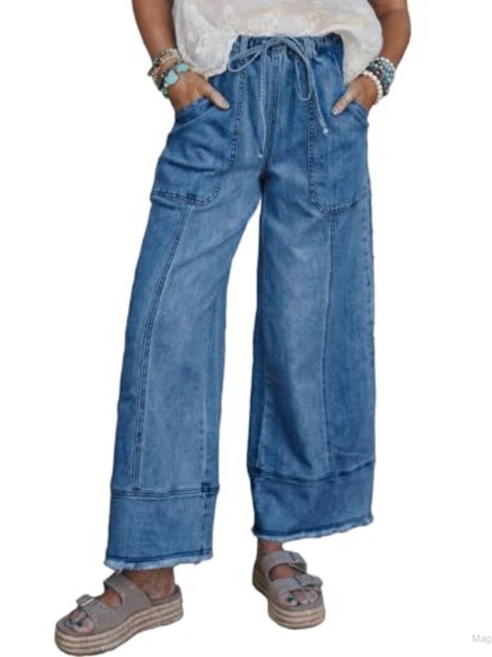 High Waisted Baggy Wide Leg Jeans Stretchy Drawstring Denim Pants